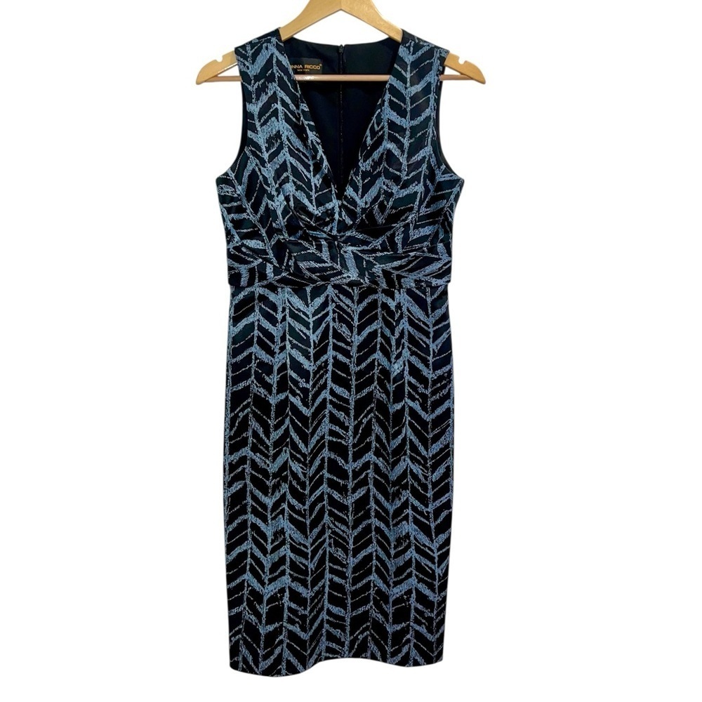 NEW Donna Ricco Geometric Sleeveless V-neck Sheath Dress Blue & Black